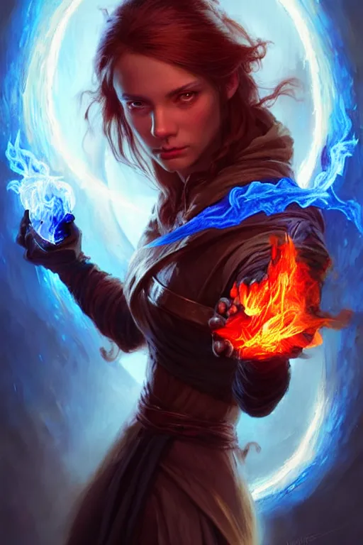 Image similar to Front portrait of mage hold a blue fire on right hand and red fire on the left hand, full body, fine art, awesome fantasy book cover on Pinterest, award winning, dark fantasy landscape, fantasy magic, intricate, elegant, sharp focus, cinematic lighting, highly detailed, digital painting, concept art, art by WLOP and Artgerm and Greg Rutkowski, masterpiece, trending on artstation, 8K