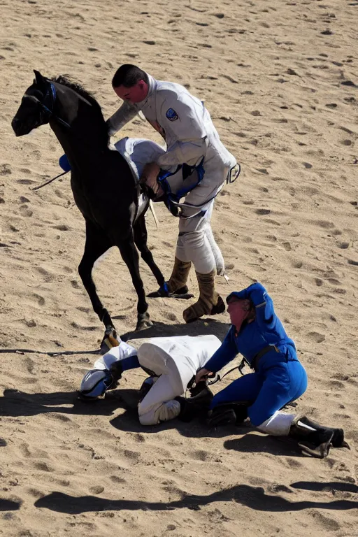 Image similar to horse wrestles astronaut on all fours on hands and knees in grappling in closed guard on mount position