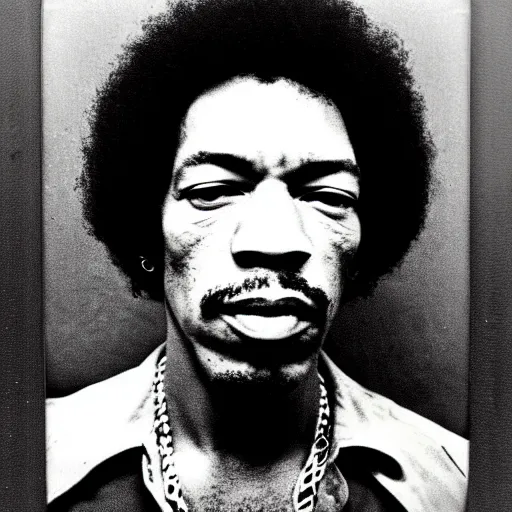 Image similar to Mugshot Portrait of Jimi Hendrix, taken in the 1970s, photo taken on a 1970s polaroid camera, grainy, real life, hyperrealistic, ultra realistic, realistic, highly detailed, epic, HD quality, 8k resolution, body and headshot, film still, front facing, front view, headshot and bodyshot, detailed face, very detailed face