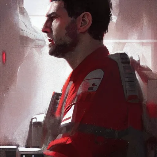 Image similar to portrait of a man by greg rutkowski, he looks like greg grunberg, tall and burly, star wars expanded universe, he is about 3 0 years old, wearing red and white starfighter pilot uniform from the galactic triunvirate.