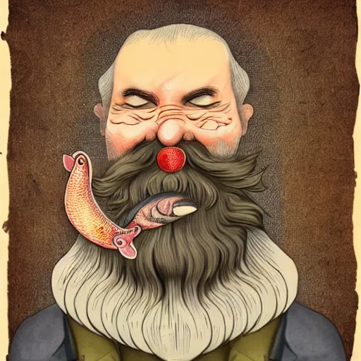 Prompt: old man with a beard full of fish, harbour background, lowbrow surrealistic, in the style of mark ryden,