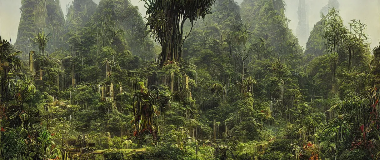 Image similar to matte painting of lost city overgrown with plants, vincent di fate, masterpiece,