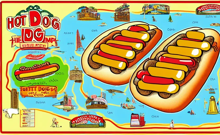 Image similar to hot dog map, detailed, map key