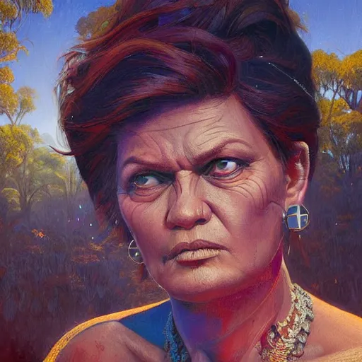 Prompt: pauline hanson burning ancient aboriginal land and disrespecting rights, highly detailed painting extremely beautiful and aesthetic and detailed, with familiar sprites, chiaroscuro, intricate, masterpiece, fantasy illustrations by ilya kuvshinov and jeremy lipking and quentin mabille