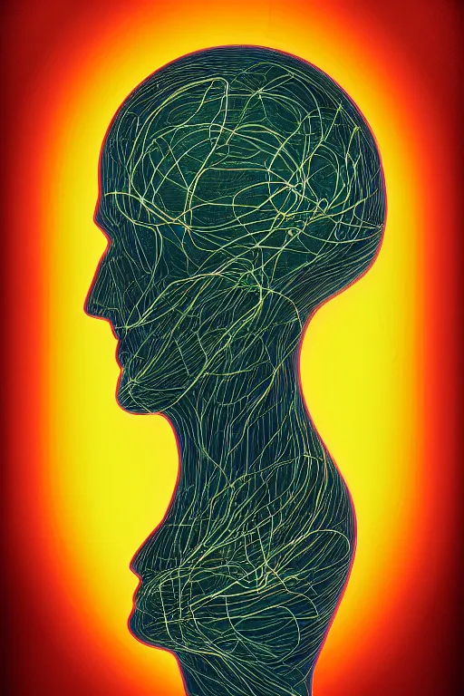 Prompt: portrait of a organic cyborg head wrapped in optical fibers by pixar, centered, symmetrical, bilateral symmetry, 70s poster, polished, retro dark vintage sci-fi, 2D matte illustration