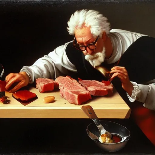 Prompt: Colonel Sanders chops meat on a wooden chopping board. Painted by Caravaggio, high detail