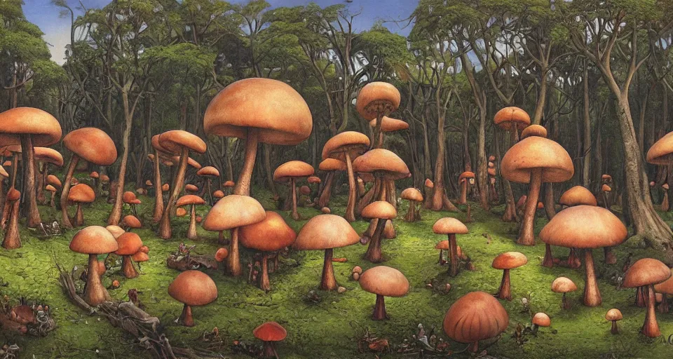 Image similar to A tribal village in a forest of giant mushrooms, by Gerald Brom,