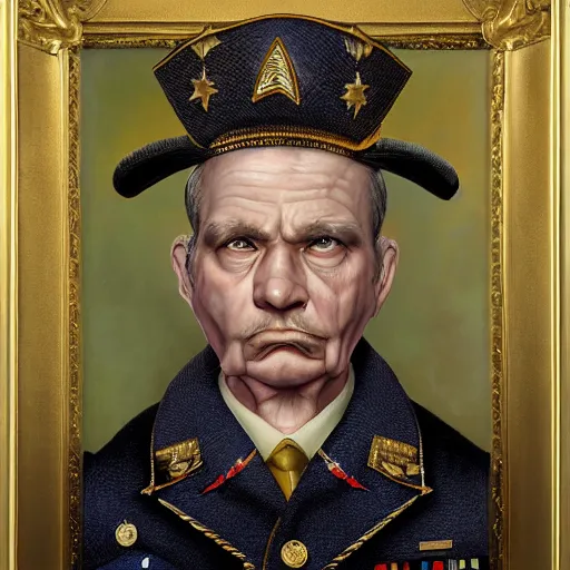Image similar to portrait artwork of five star army general by mark ryden, sad eyes, breathtaking, 8 k resolution, extremely detailed, beautiful