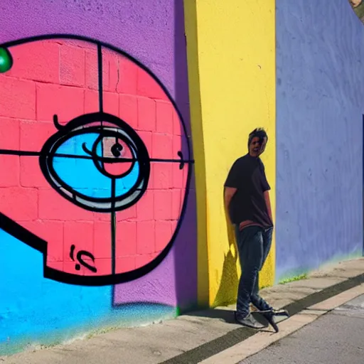 Image similar to wall with graffiti of man with one eye made with colored circles and lines