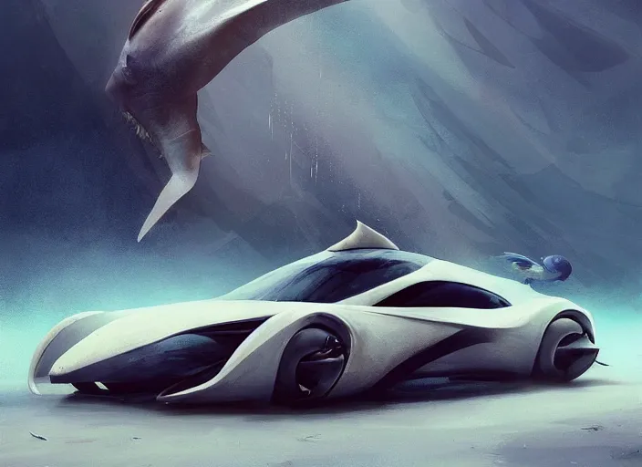 Image similar to beautiful concept design of a car that looks almost like a fish, shark or a whale. car design by cory loftis, fenghua zhong, ryohei hase, ismail inceoglu, ruan jia, henrik fisker, bruce kaiser, scott robertson, dmitry mazurkevich, doruk erdem, and jon sibal. volumetric light