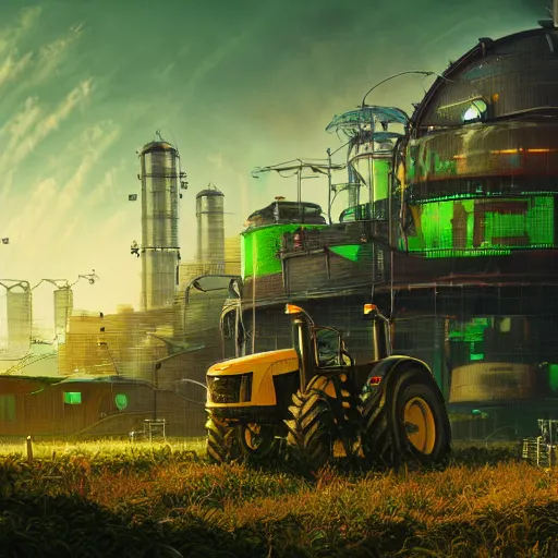 Prompt: fully detailed landscape of a cyberpunk farm underground , watertank, futuristic tractors, farmhouse, mushroom, overgrowth, Ai , Bots , drones , cinematic lightening, in the future, high quality, 8k , octane render, trending on artstation , greg rutowski