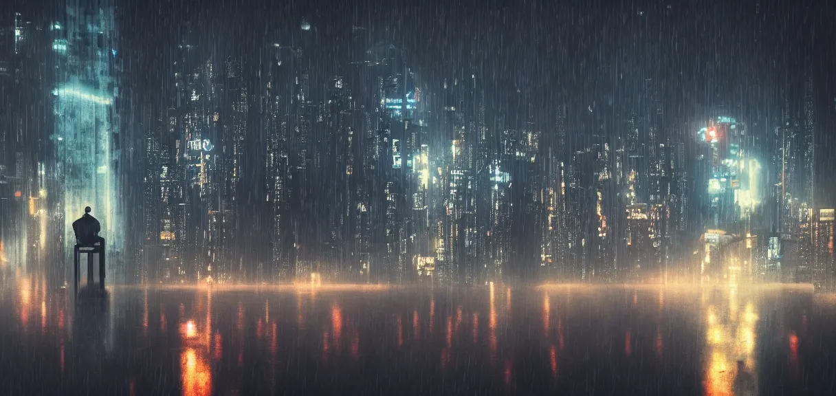 Image similar to shot of the roof with single man sitting on the edge during rain, below impressive cyberpunk night city during great rainy storm with lightning, nightscape, futuristic architecture, realistic photo, neons, blade runner, akira style, cinematic lighting, cinematic angles