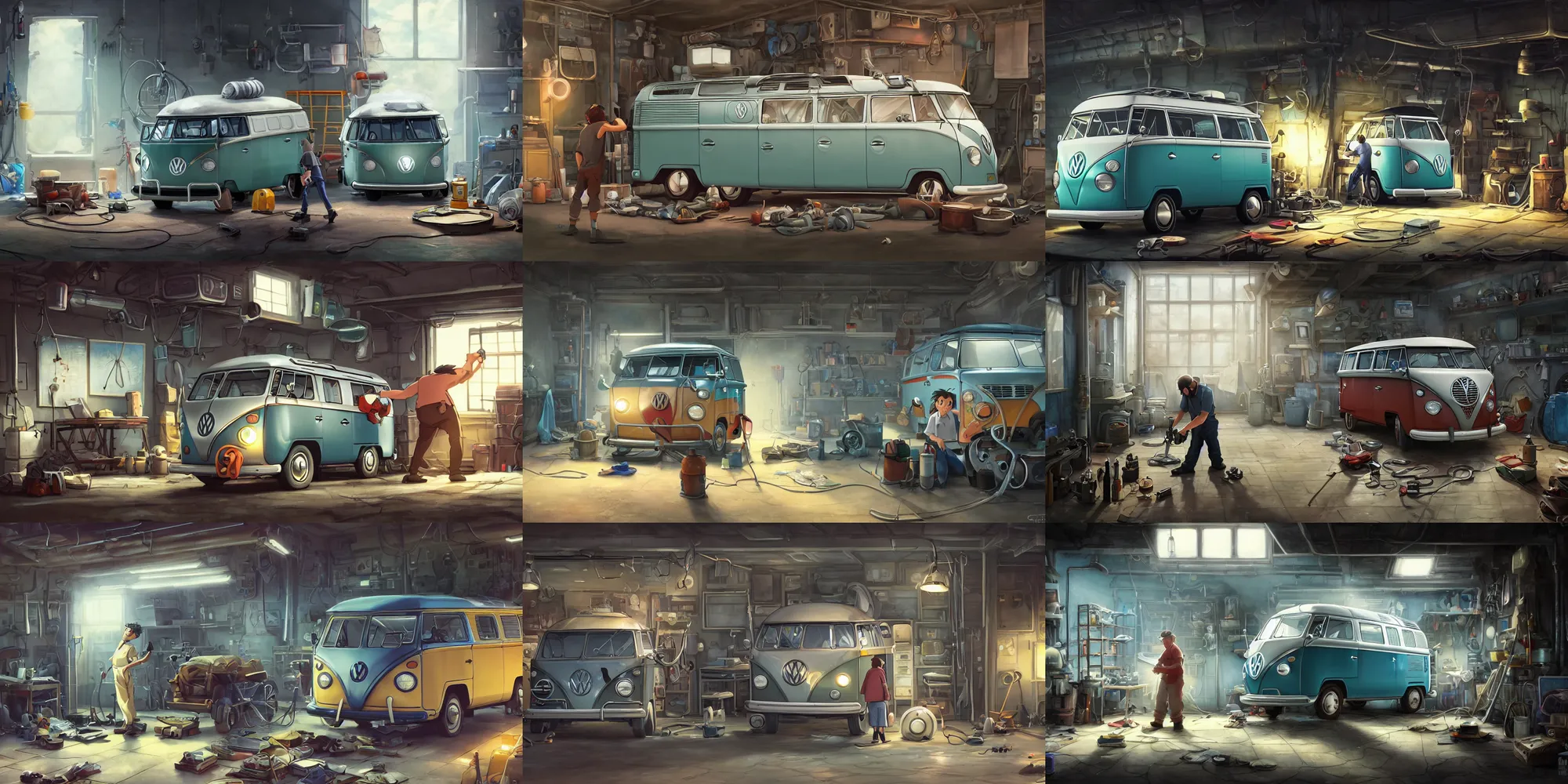 Prompt: a wholesome animation key shot of a focused auto mechanic repairing one old vw van in a workshop garage, medium shot, waist up, studio Ghibli and Disney animation, sharp, Rendered in Unreal Engine 5, anime key art by Greg Rutkowski, dramatic lighting