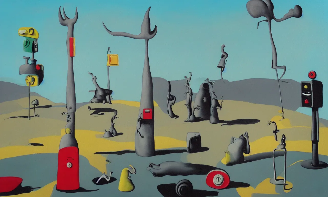 Image similar to “a painting in the style of Yves Tanguy , a parking meter stands in the middle of a desert. Next to the parking meter we see a priest, a woman in a green dress , and a rhinoceros ”