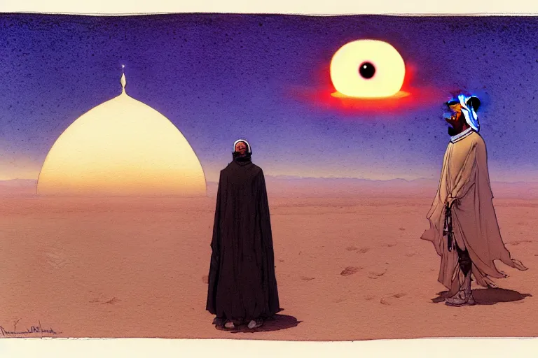 Prompt: a hyperrealist watercolour character concept art portrait of a middle eastern merchant praying in front of an alien with 1 2 eyes on a misty night in the desert. a ufo is in the background. by rebecca guay, michael kaluta, charles vess and jean moebius giraud