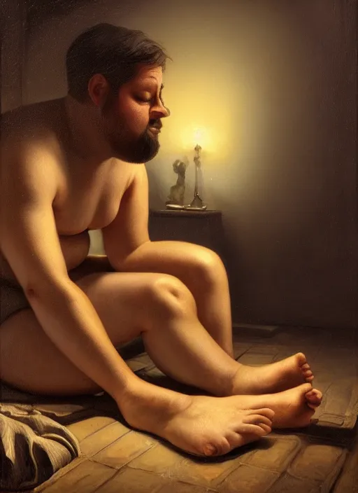 Image similar to insanely detailed chiaroscuro image of a sleepy - looking chubby programmer guy on his knees facing his glowing ultrawide monitor begging it for forgiveness, oil on canvas, masterwork, fine detail, trending on artstation, emotive, insanely compelling, ryden, koons, moebius