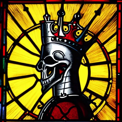 Prompt: detailed side - view portrait of a knight, kaldor helmet, skull - shaped visor, no mandible, no lower jaw bone, royal crown with big spikes, plate armor, gothic stained glass window, shiny red and dark red background, very masterful, backlit