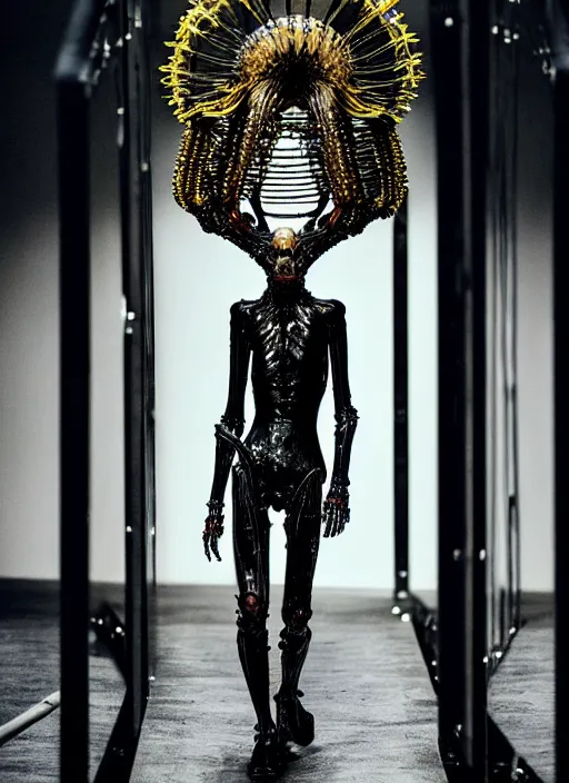 Image similar to walking down the catwalk, steven klein, show, stage, vogue photo, podium, fashion show photo, iris van herpen, beautiful woman, perfect body, full body shot, helmet on face, masterpiece, plant predator, guyver, jellyfish, biomechanical details, movie still, fauvism, cinestill, bokeh, gelios lens