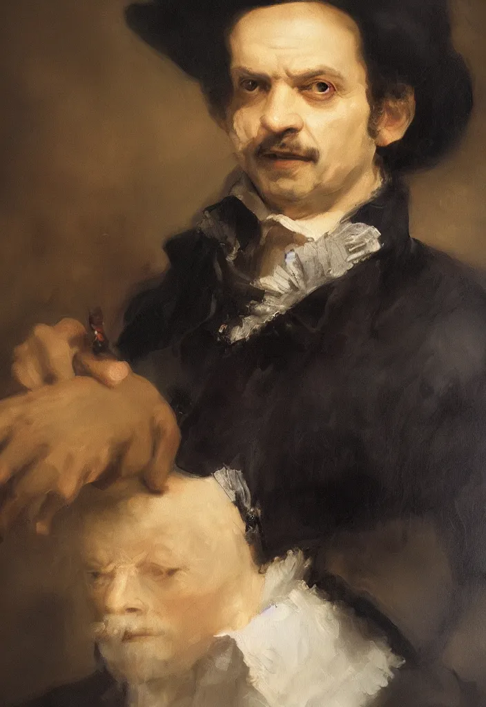 Prompt: high quality oil painting portrait of Moriarty by Rembrandt and Raymond Swanland, volumetric and perfect lighting, 4k, 8k, HD