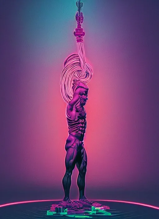 Image similar to statue of hercules, beeple, android jones, dan mumford, vaporwave, retrowave, black background, neon wiring, black, glitch, strong contrast, cuts, pinterest, trending on artstation