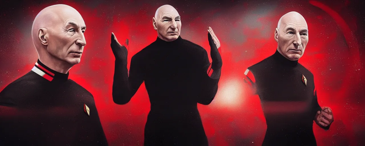 Image similar to duotone black and red concept 3 / 4 portrait of ( ( ( picard facepalm meme ) ) ) captain jean - luc picard doing facepalm inside uss enterprise. accidental renaissance. concept by stanley kubrick. sergey kolesov and ruan jia and heng z. graffiti art, scifi, fantasy, hyper detailed. octane render. trending on artstation