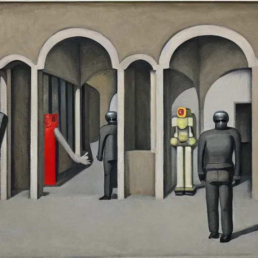 Prompt: drab workers wearing gas masks walking along cloisters, watched by fascist robots, brutalist courtyard, dystopian, pj crook, edward hopper, oil on canvas