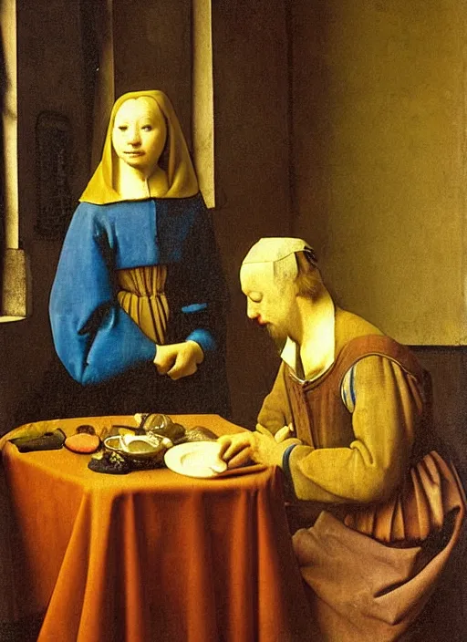 Image similar to Young man sitting at the table with young pretty blonde girl at the crowded inn. Medieval painting by Jan van Eyck, Johannes Vermeer, Florence