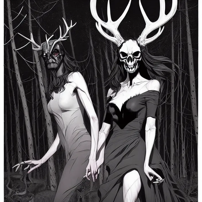 Image similar to style artgerm, joshua middleton, rafael albuquerque : : scary wendigo with antlers and skull face mixed with werewolf : : [ [ beautiful witch wearing a black dress, symmetrical face, on the right side ] ] : : in the forest, detailed, dark and foggy, cinematic lighting