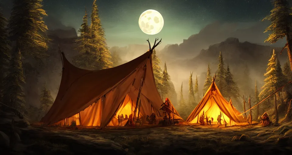 Image similar to an epic fantasy adventurer's camp with a hide tent at night with a full moon, 4 k, extremely detailed. award winning, trending on artstation, 8 k, ultra wide angle