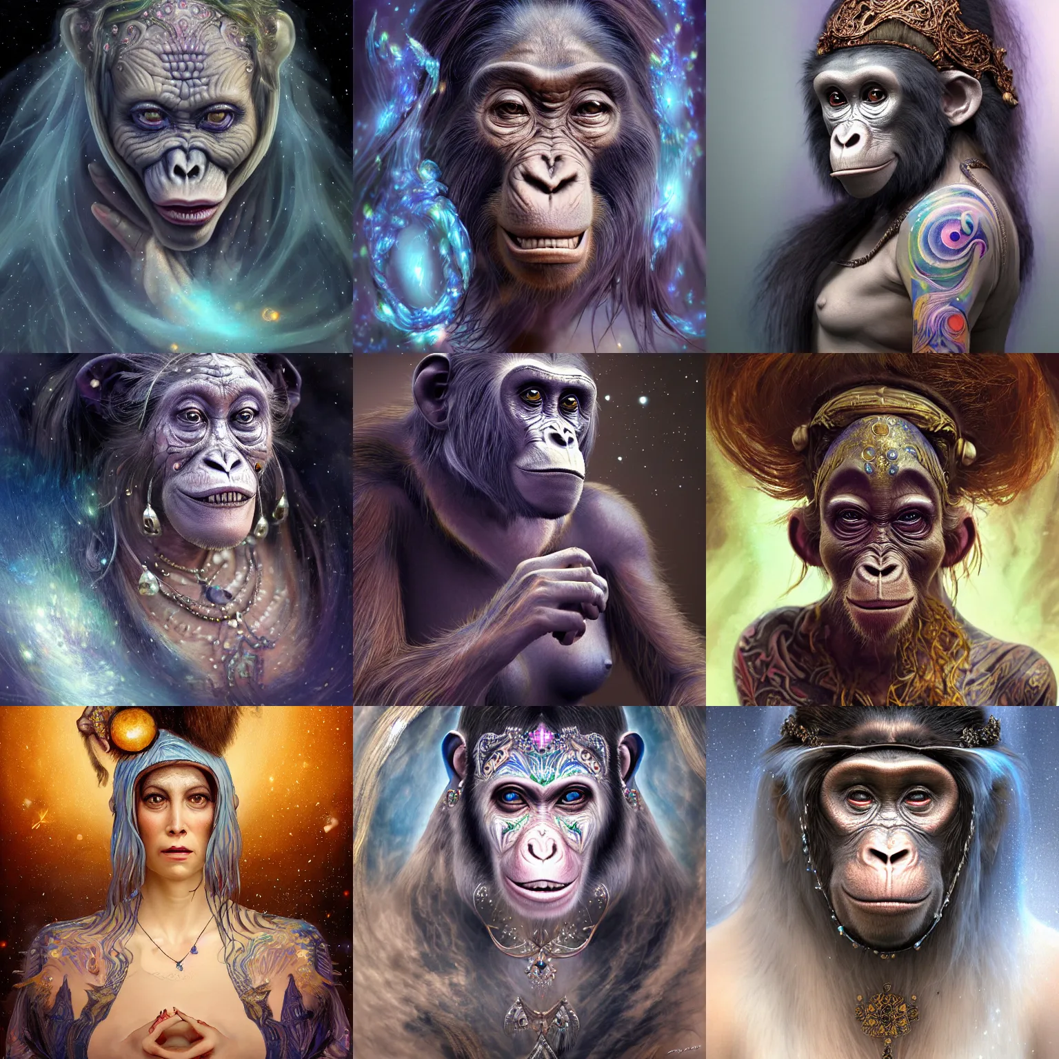 Image similar to a wlop 3 d render of very very very very highly detailed beautiful mystic portrait of a phantom priestess'female ape'with whirling galaxy around, tattoos by anton pieck, intricate, extremely detailed, digital painting, artstation, concept art, smooth, sharp focus, illustration, intimidating lighting, incredible art,