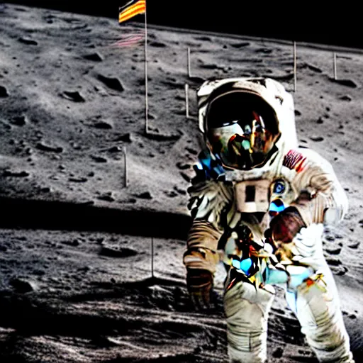 Prompt: photo of an old astronaut suit holding an electric guitar on the moon. detailed