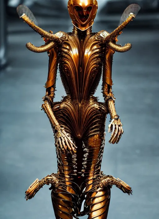 Prompt: walking down the catwalk, show, stage, vogue photo, podium, fashion show photo, iris van herpen baroque dress, beautiful woman, perfect body, full body shot, helmet on face, masterpiece, guyver, giger, biomechanical details, denis villeneuve, movie still, fauvism, cinestill, bokeh, artstation, octane