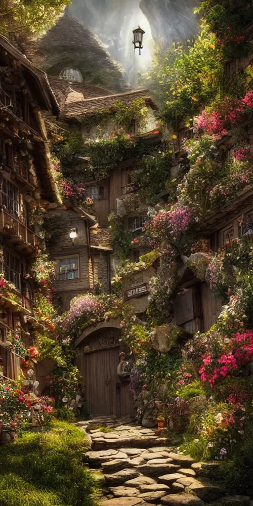 Image similar to my precious! - the hobbit - j. r. r. tolkien - a medieval village in switzerland, ornate, beautiful, atmosphere, vibe, flowers, concept art illustration, greg rutowski, volumetric lighting, sunbeams, particles