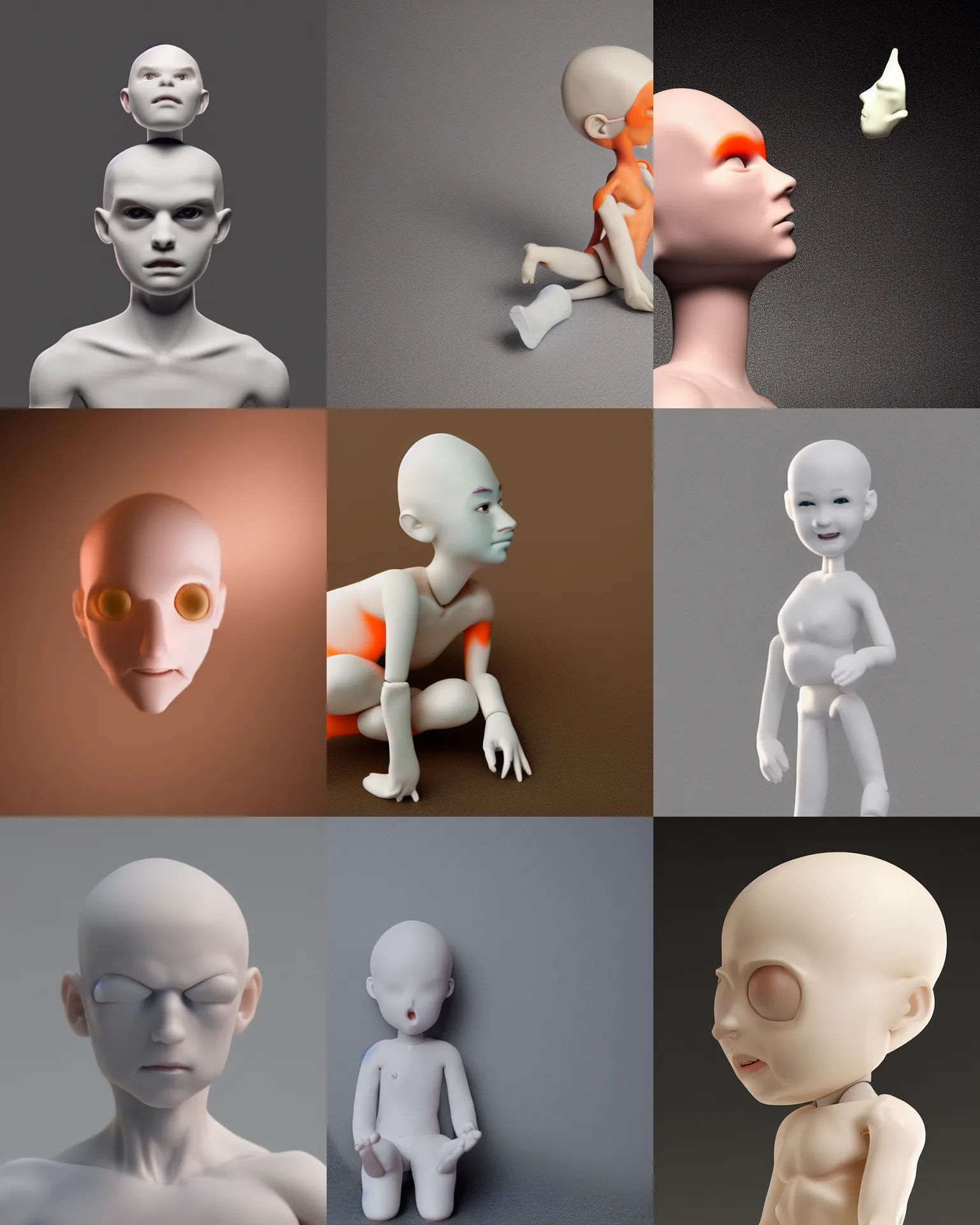 Prompt: a photo of a genderless white toy figurine made from resin, headless, pillhead, pale head, bald, smooth skin, even surface, minimalistic, octane rendering, ambient lighting, orange subsurface scattering