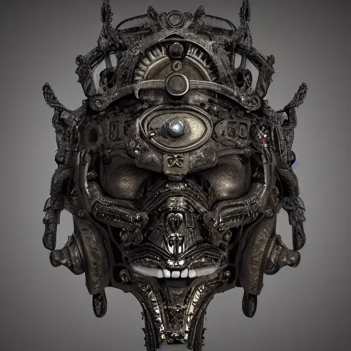 Image similar to an ominous dark ancient mask. hyper - detailed. steampunk baroque. symmetric. epic. unreal render.