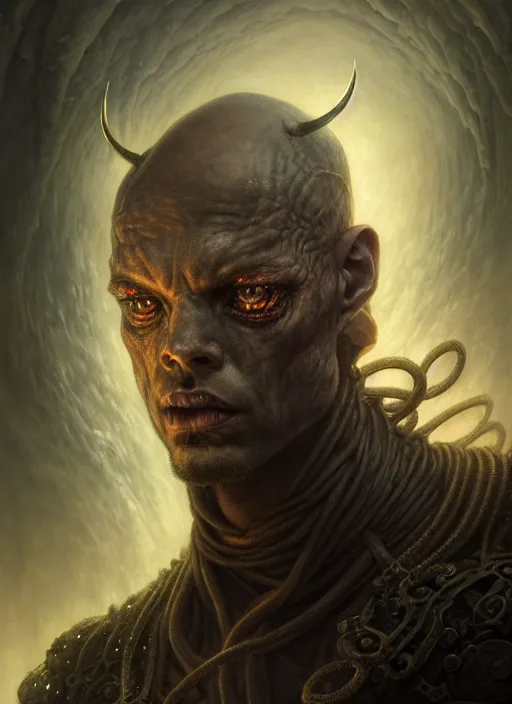 Prompt: closeup portrait shot of a demon in dungeon in a scenic dystopian environment, intricate, elegant, highly detailed, centered, digital painting, artstation, concept art, smooth, sharp focus, illustration, artgerm, tomasz alen kopera, peter mohrbacher, donato giancola, joseph christian leyendecker, wlop, boris vallejo