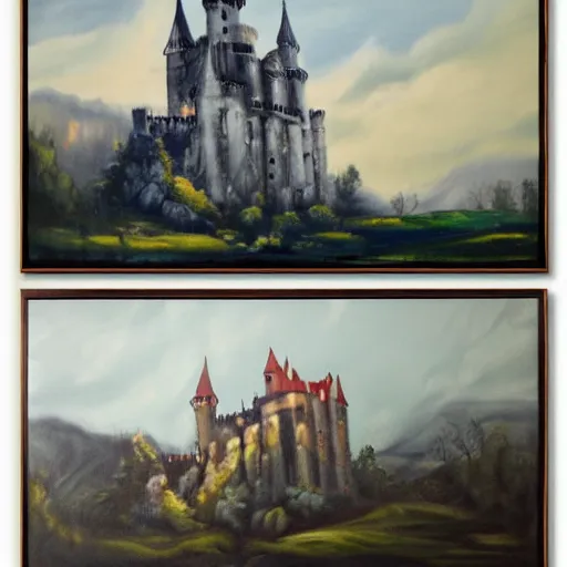 Prompt: monotone blue oil painting of gothic castle being attacked by large pig, landscape n 6