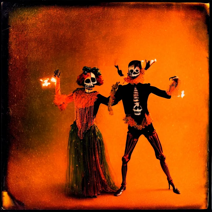 Image similar to kodak portra 4 0 0, wetplate, motion blur, portrait photo of a backdrop, skelleton dance, golden 1 9 2 0 s, coloured in orange fire, sparkling, by georges melies and by britt marling, muted colours