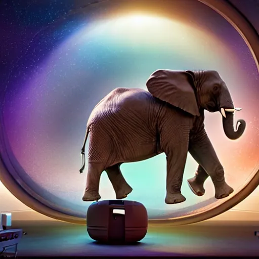 Image similar to a hyperrealistic 3D octane render of an elephant wearing oculus rift VR goggles, playing a keyboard inside of a dome planetarium with planets and galaxies, 8k, unreal engine, dramatic lighting, volumetric lighting, uplighting, ray tracing, photorealistic,