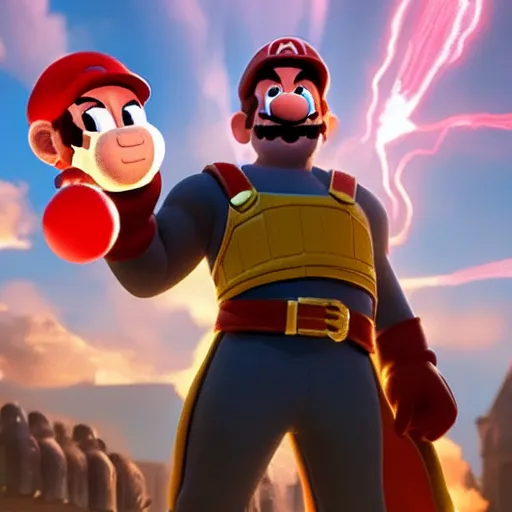 Image similar to super mario standing atop a defeated thanos, highly detailed, photorealistic