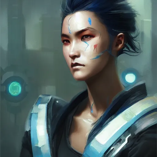 Image similar to Very detailed masterpiece painting of a young female asian cyberpunk warrior with dark blue hair, portrait, artstation, concept art by Greg Rutkowski