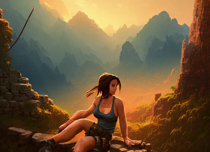 Prompt: Lara Croft relaxing, Alena Aenami, Petros Afshar, Noah Bradley, Anton Fadeev, Anato Finnstark, Steve Henderson, Filip Hodas, Mark Keathley, Thomas Kinkade, Phil Koch, Gilbert Williams, Mike Winkelmann, Beeple