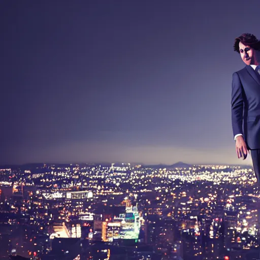 Image similar to a still of Justin Trudeau. He's wearing a dark suit. Studio lighting, Close. shallow depth of field. Professional photography City at night in background, lights, colors,4K