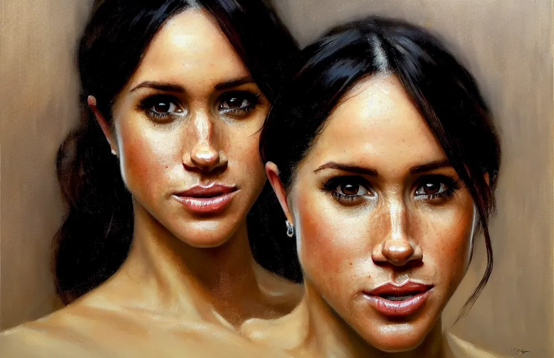 Prompt: portrait of meghan markle!!!!!!!!!!!!!!!!!!!!!!!!!!!, detailed face, detailed painting, epic lighting, by ilya repin, phil hale and kent williams