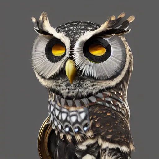 Prompt: detailed portrait of a mechanic owl, watch on his head, feathers from mechanical watch parts, in half a turn, hyper detailed, stylistic, symmetrical, 3 d render, 8 k, octane render