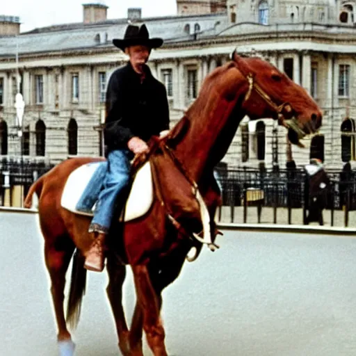 Prompt: clint eastwood riding a horse through london