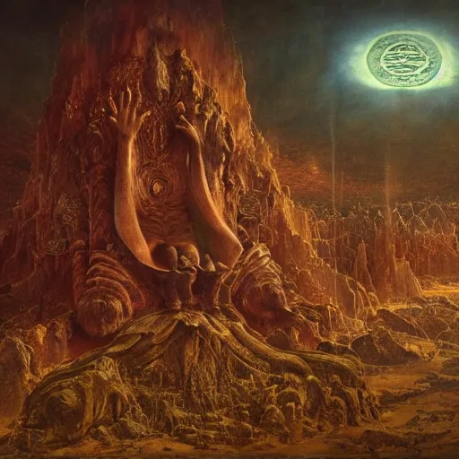 Image similar to the throne of earth and manifestation | highly detailed matte painting, hyperrealistic, very intrincate | cinematic lighting, award - winning | by rachel ruysch, giger, beksinski and bocklin | by austin osman spare and william blake, trending on artstation, cgsociety, official art, octane.