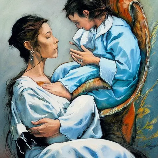 Image similar to by john larriva, by aaron horkey emotive. a beautiful painting harmony of colors, simple but powerful composition. a scene of peaceful domesticity, with a mother & child in the center, surrounded by a few simple objects. colors are muted & calming, serenity & calm.