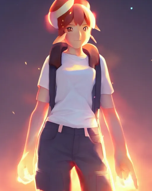 Image similar to a female pokemon trainer, full shot, perfectly shaded body, atmospheric lighting, detailed face, by makoto shinkai, stanley artgerm lau, wlop, rossdraws