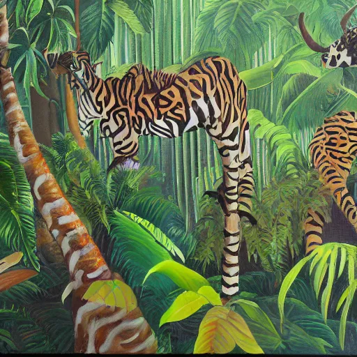 Prompt: 4 th wall jungle painting, oil and acrylic on canvas, high detail